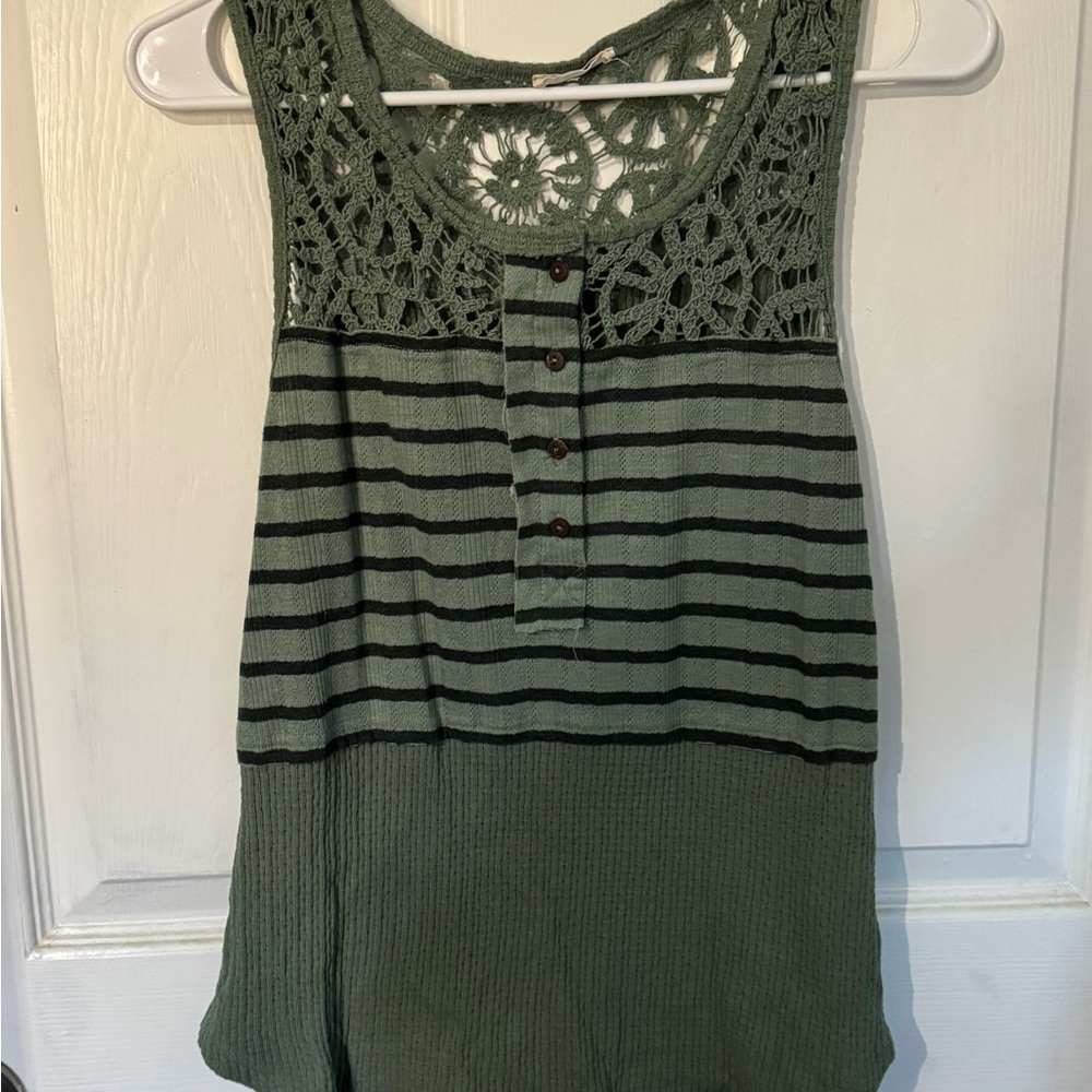 Miss Me Olive Striped Crochet Tank Top